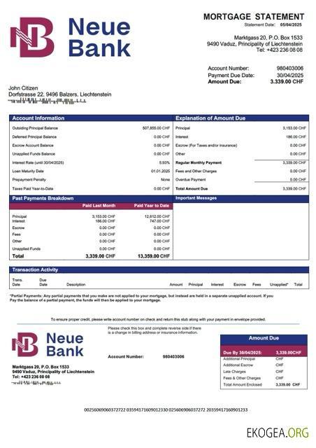 Modèle Word et PDF de relevé hypothécaire de la Liechtenstein Neue Bank